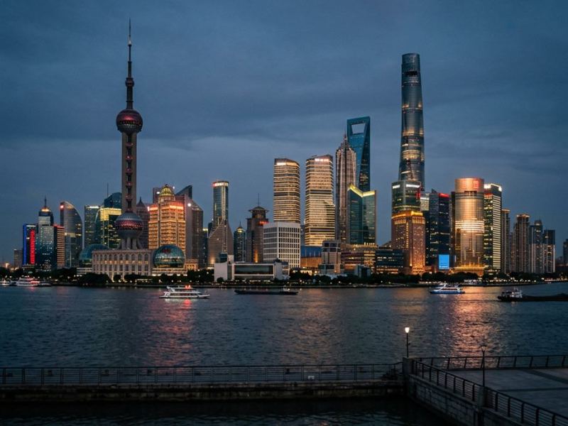 Shanghai skyline at night seen across the Huangpu river