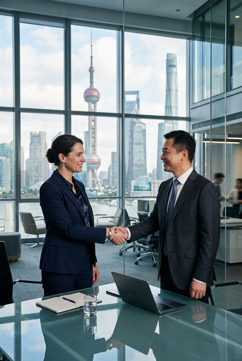 Business handshake in a Shanghai office overlooking the Bund