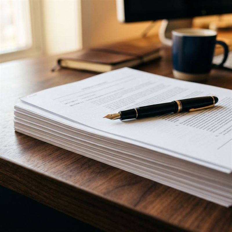 Contract paperwork and a fountain pen on a desk