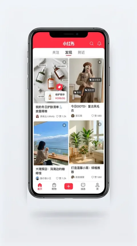 Demo screen of the Xiaohongshu / RED Fil de contenu